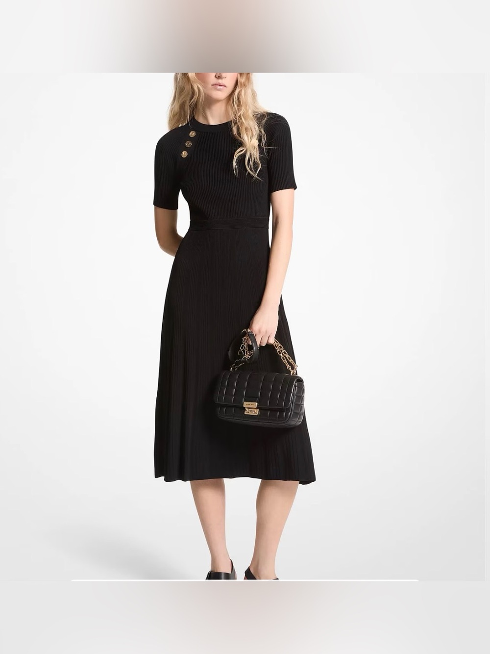 MICHAEL Michael Kors Black Ribbed Midi Dress with Gold Buttons